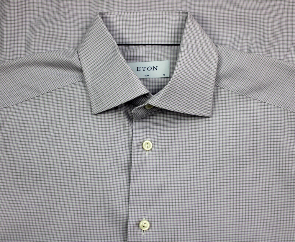 Eton Dress Shirt Mens 15 38 Light Purple Check Slim Fit Cotton Blend NWT $270 - Picture 6 of 8